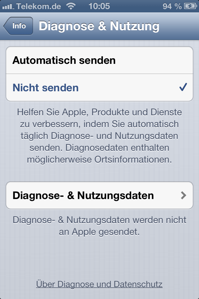 iOS 6 Diagnose und Nutzungsdaten senden