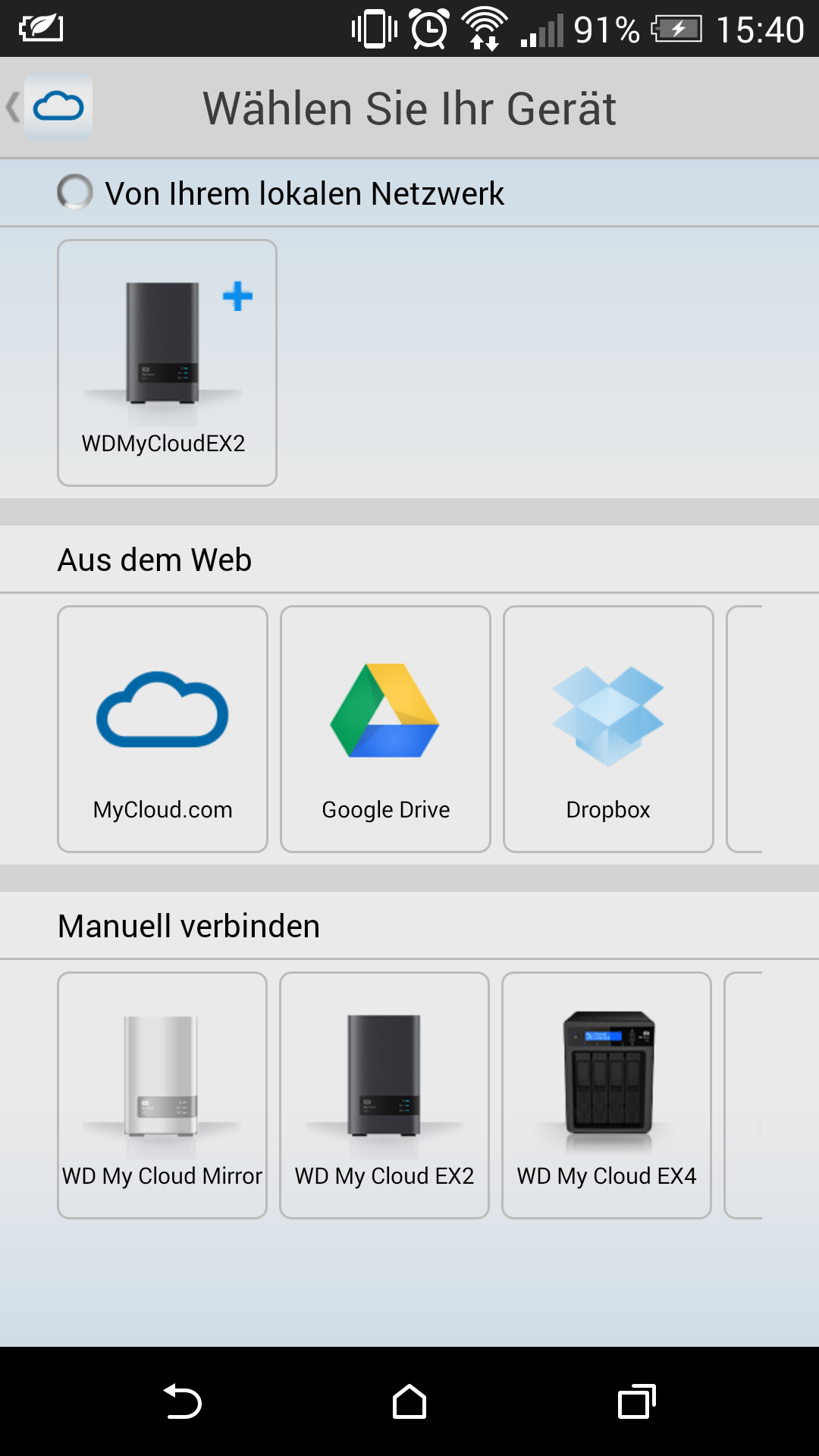 WD My Cloud EX2 - Mobile App Menü