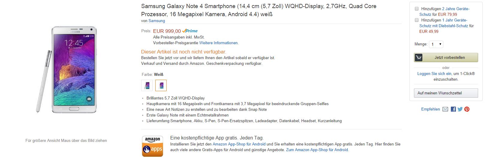 Amazon listet Galaxy Note 4