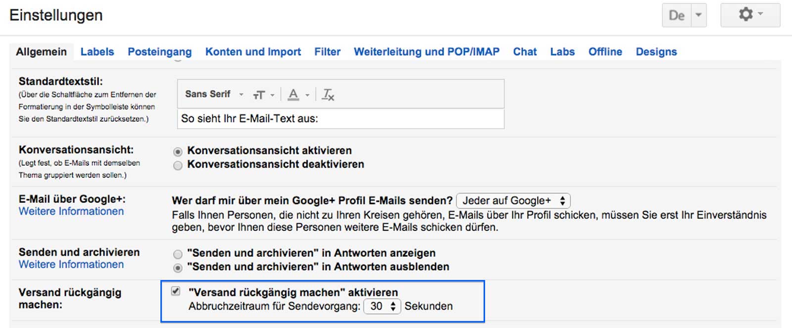 Versand rückgängig machen in Gmail