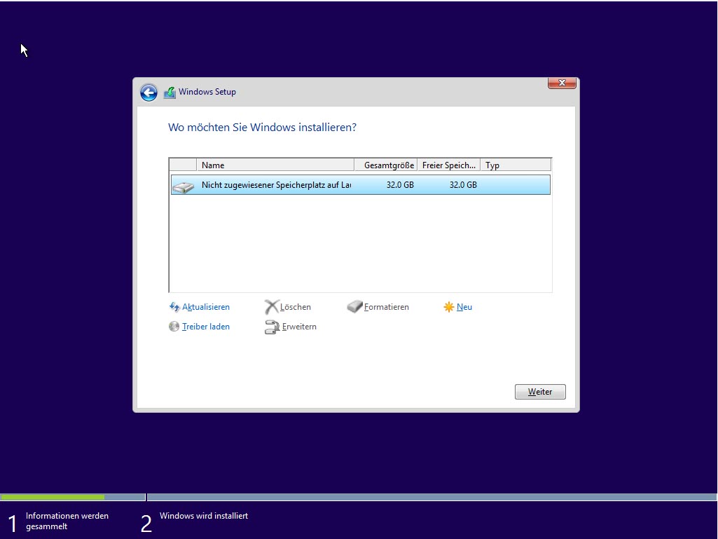 Windows 10 Setup Auswahl des Installationsdatenträgers