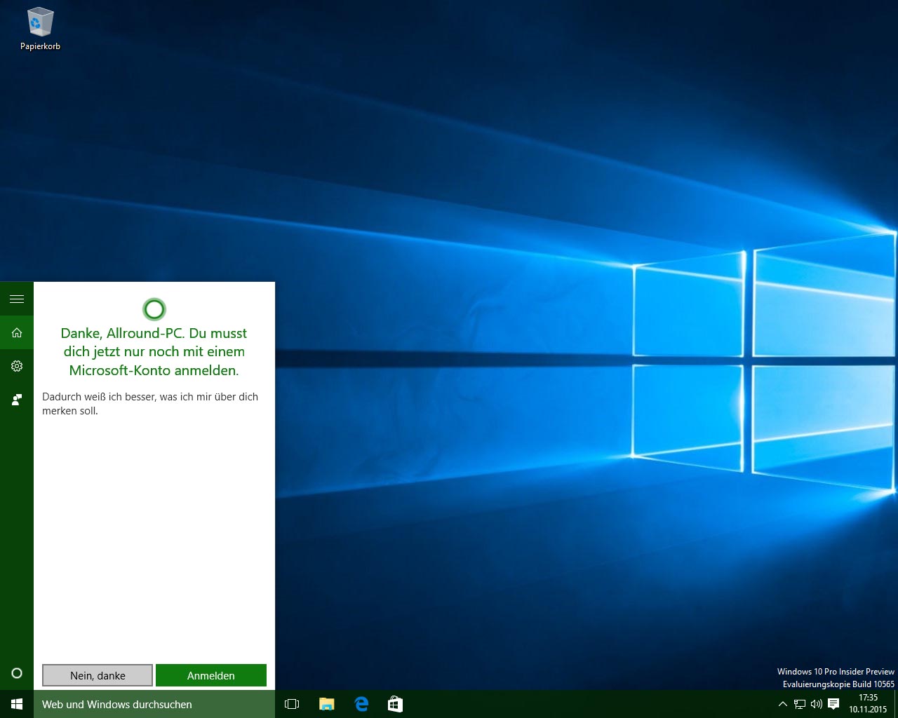 Windows 10 Fall Update - Cortana nun auch ohne Microsoft Konto