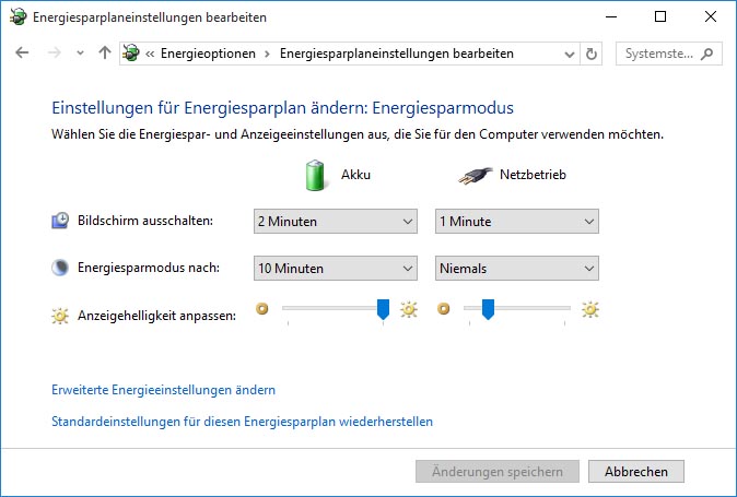 Energiespareinstellungen unter Windows 10 Pro