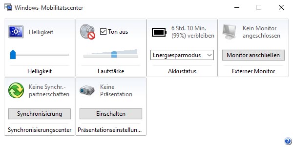 Windows 10 Mobility Center - Erlaubt Einstellung der Helligkeit
