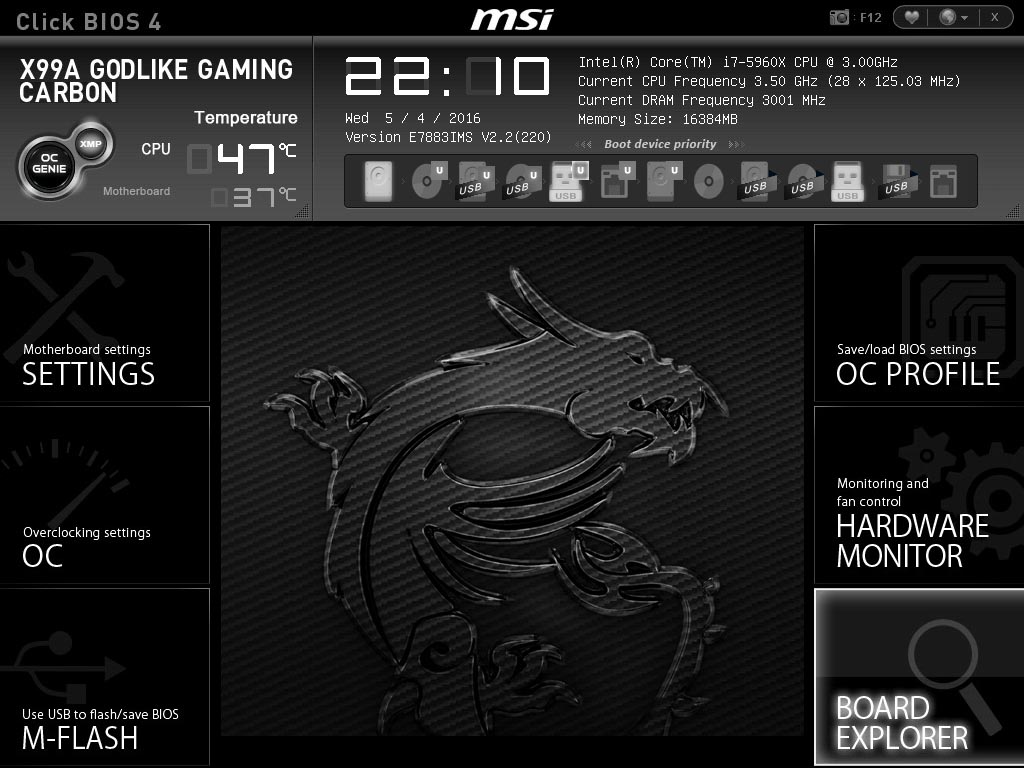 MSI X99A Godlike Gaming Carbon - BIOS Hauptmenü