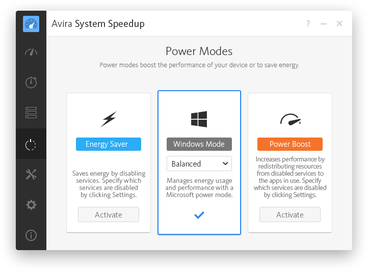 Avira System Speedup Power Modes