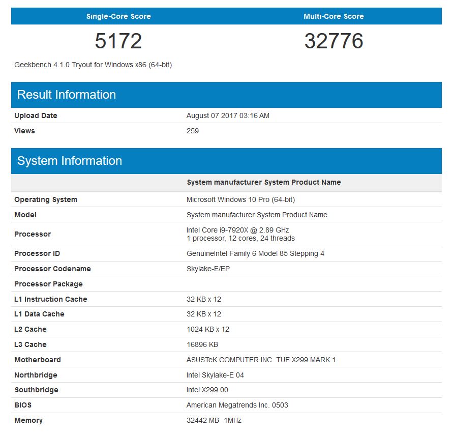 Intel Core i9-7920X Geekbench