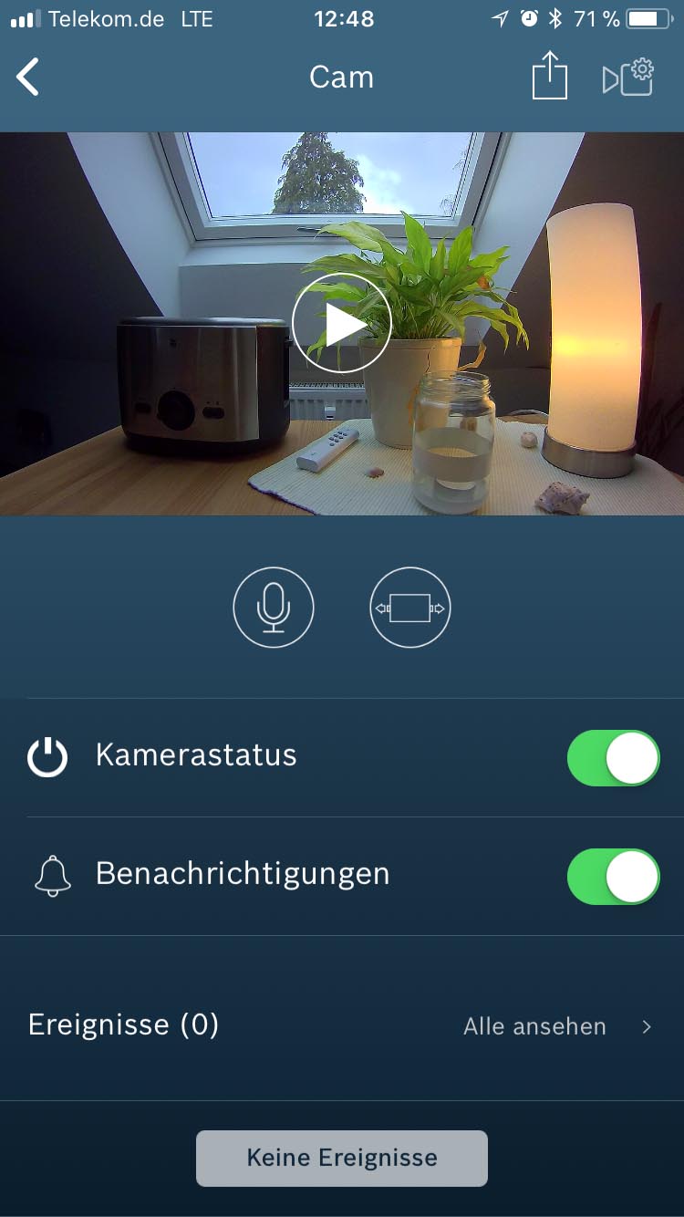 Bosch Smart Home 360 Innekammera - App Hauptmenü
