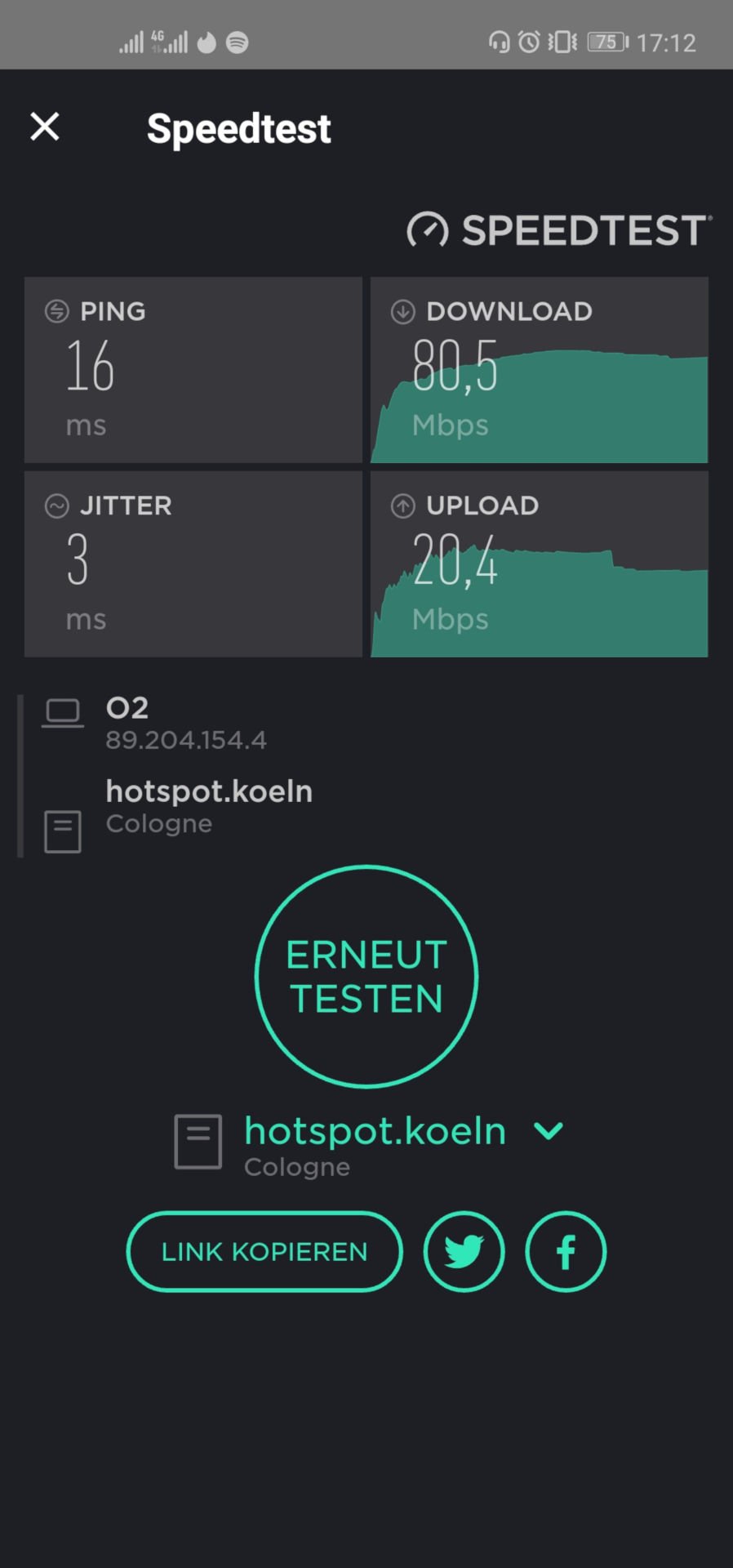 freenet FUNK Tarif: Messung von Download und Upload Geschwindigkeit in Mönchengladbach