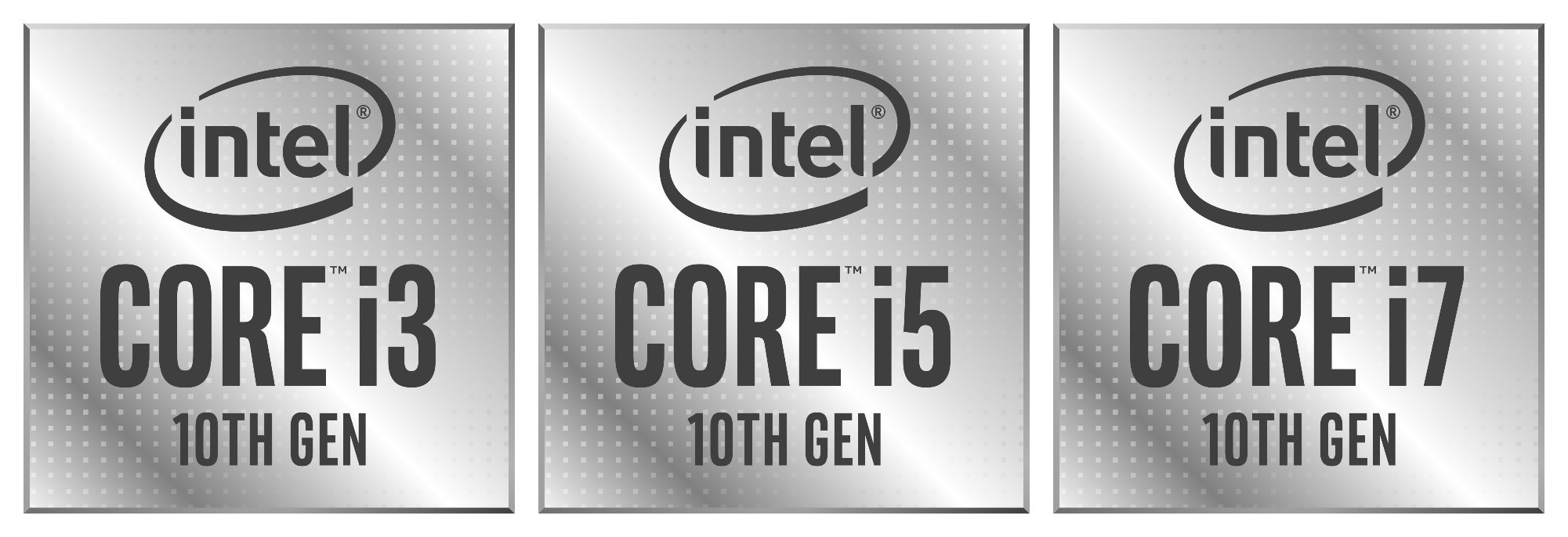 Die drei Logo-Badges der kommenden Core i3, Core i5 und Core i7 Modelle der 10. Generation.