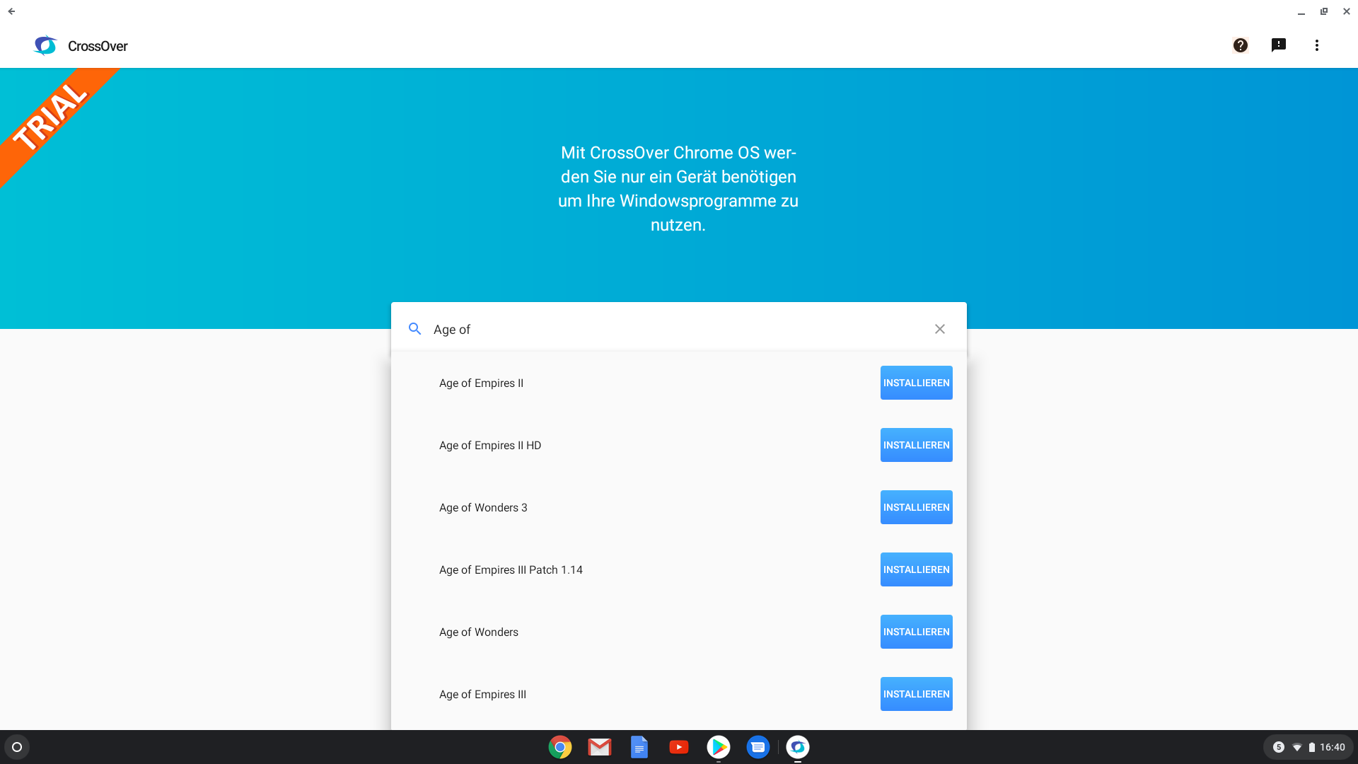 Chromebook: CrossOver Appauswahl