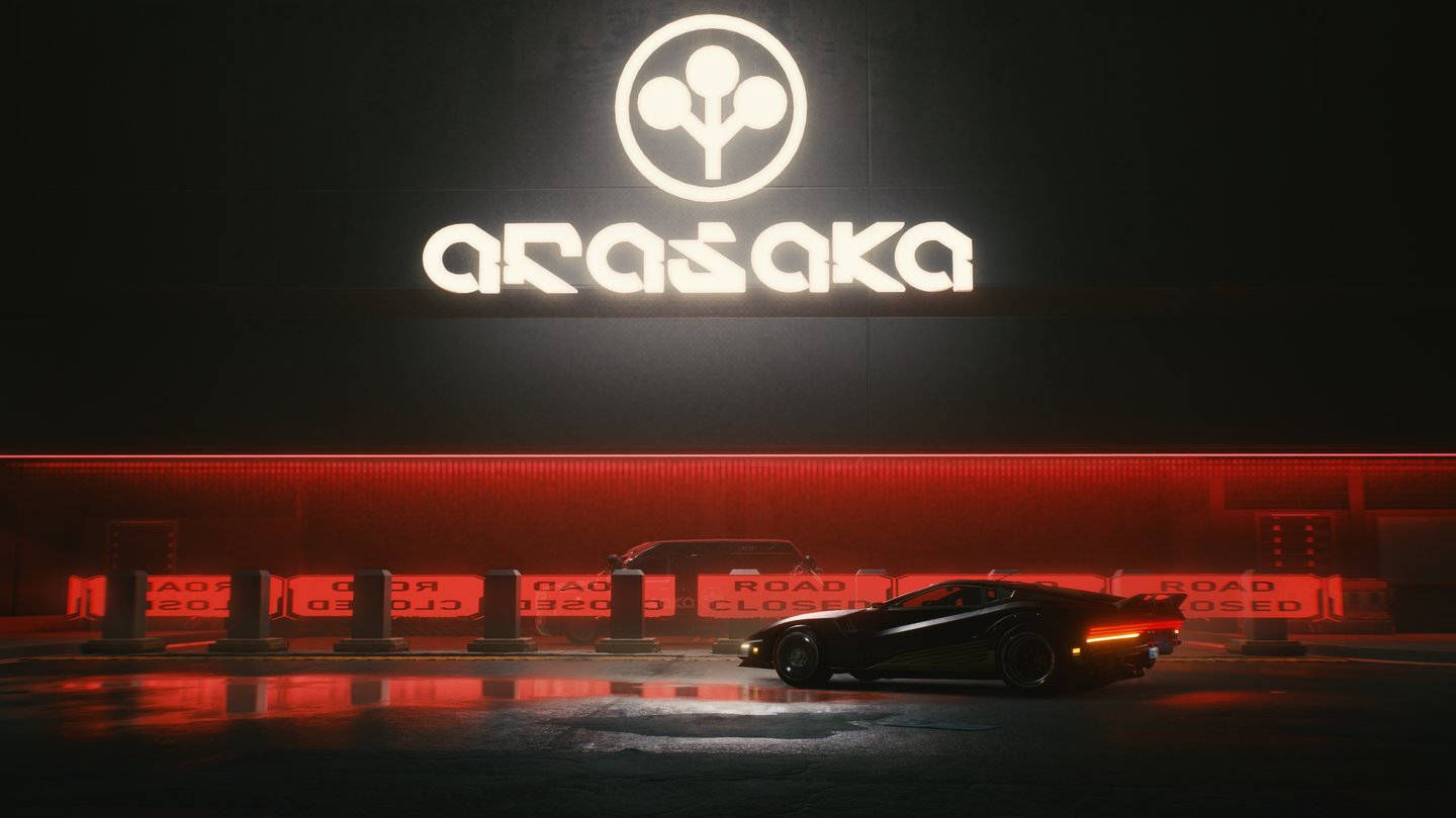 Ein Screenshot von Cyberpunk 2077 zeigt ein Auto, das vor einem Schild steht.