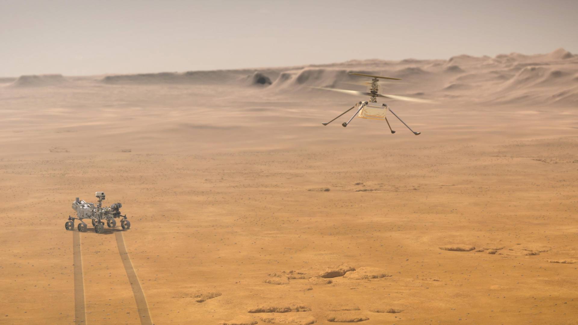 Illustration zeigt Helikopter Ingenuity auf dem Mars und Rover Perseverance