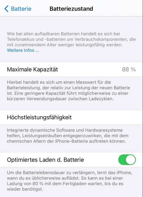Screenshot vom Batteriezustand in iOS 14 auf iPhone 11