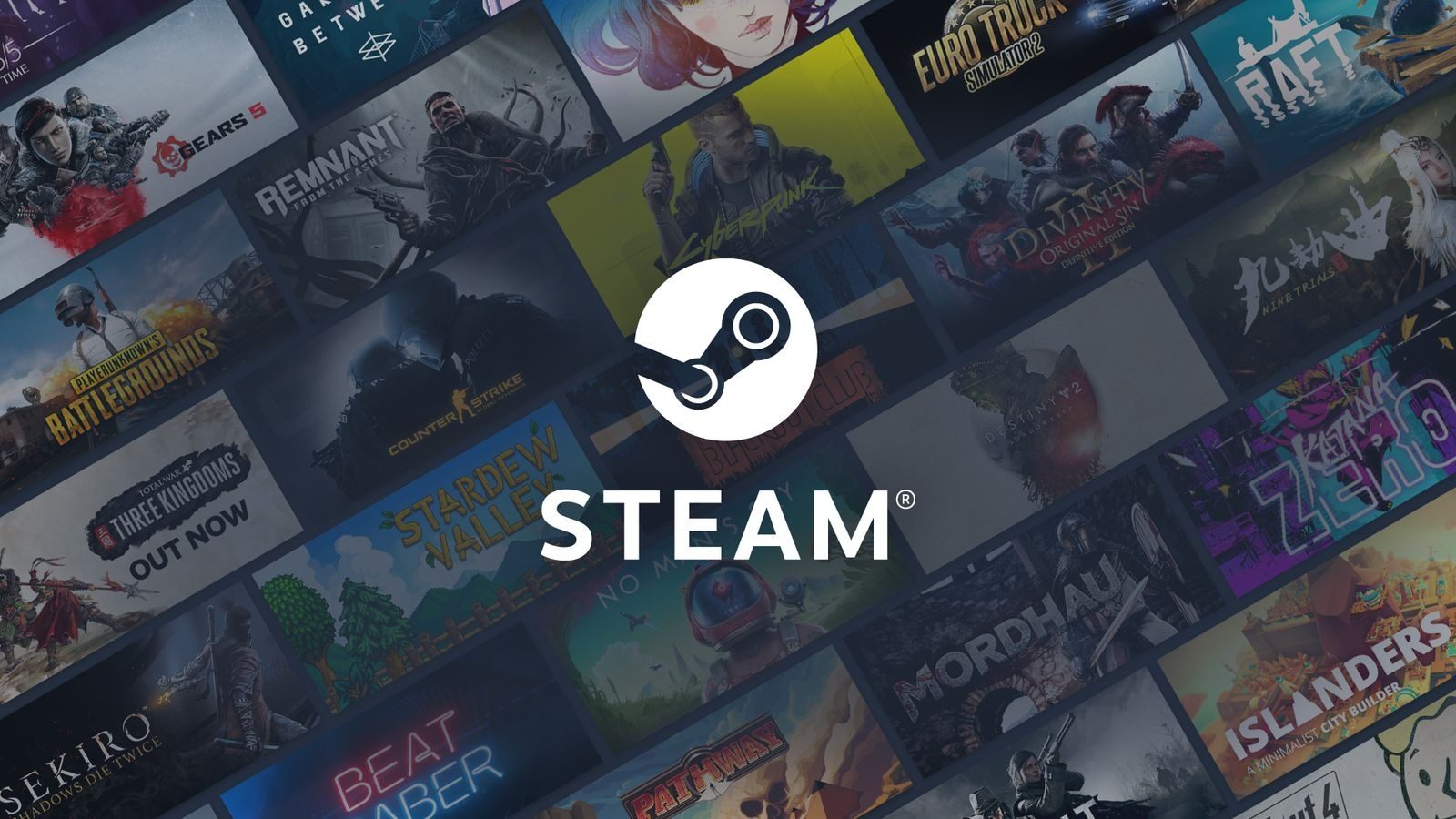 Steam-Logo mit mehreren Spiele-Logos dunkel im Hintergrund.