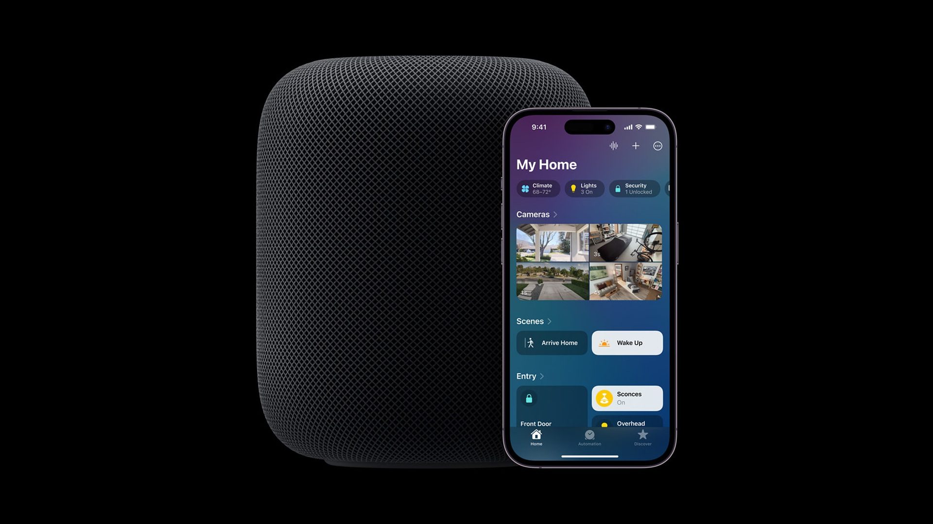 HomePod 2 in Schwarz neben einem iPhone 14 Pro vor schwarzem Hintergrund.
