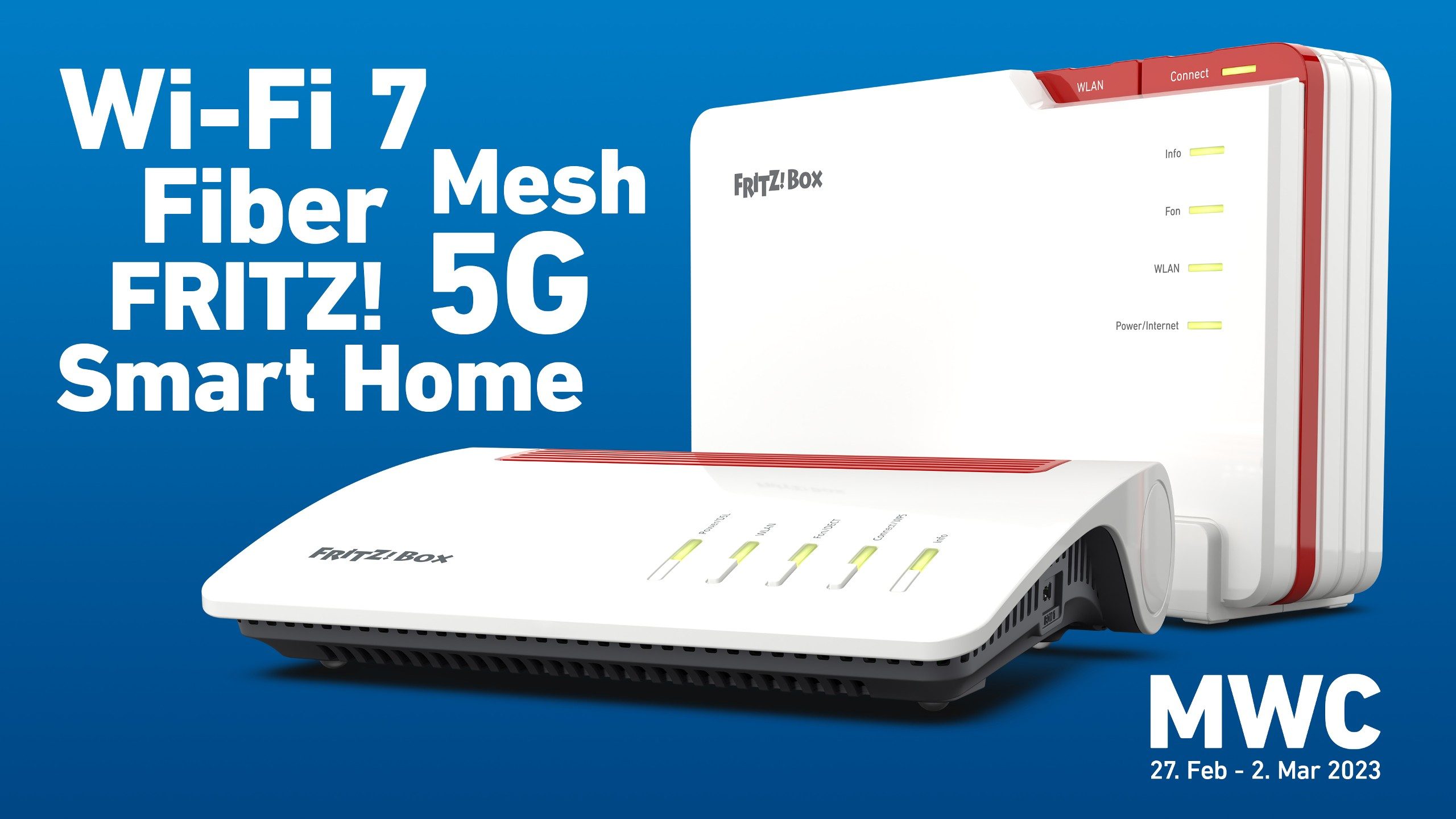 Zwei neue FritzBox-Router von AVM vor blauem Hintergrund. Dazu die Worte: Wi-Fi 7, Fiber, Mesh, FRITZ!, 5G, Smart Home und MWC.