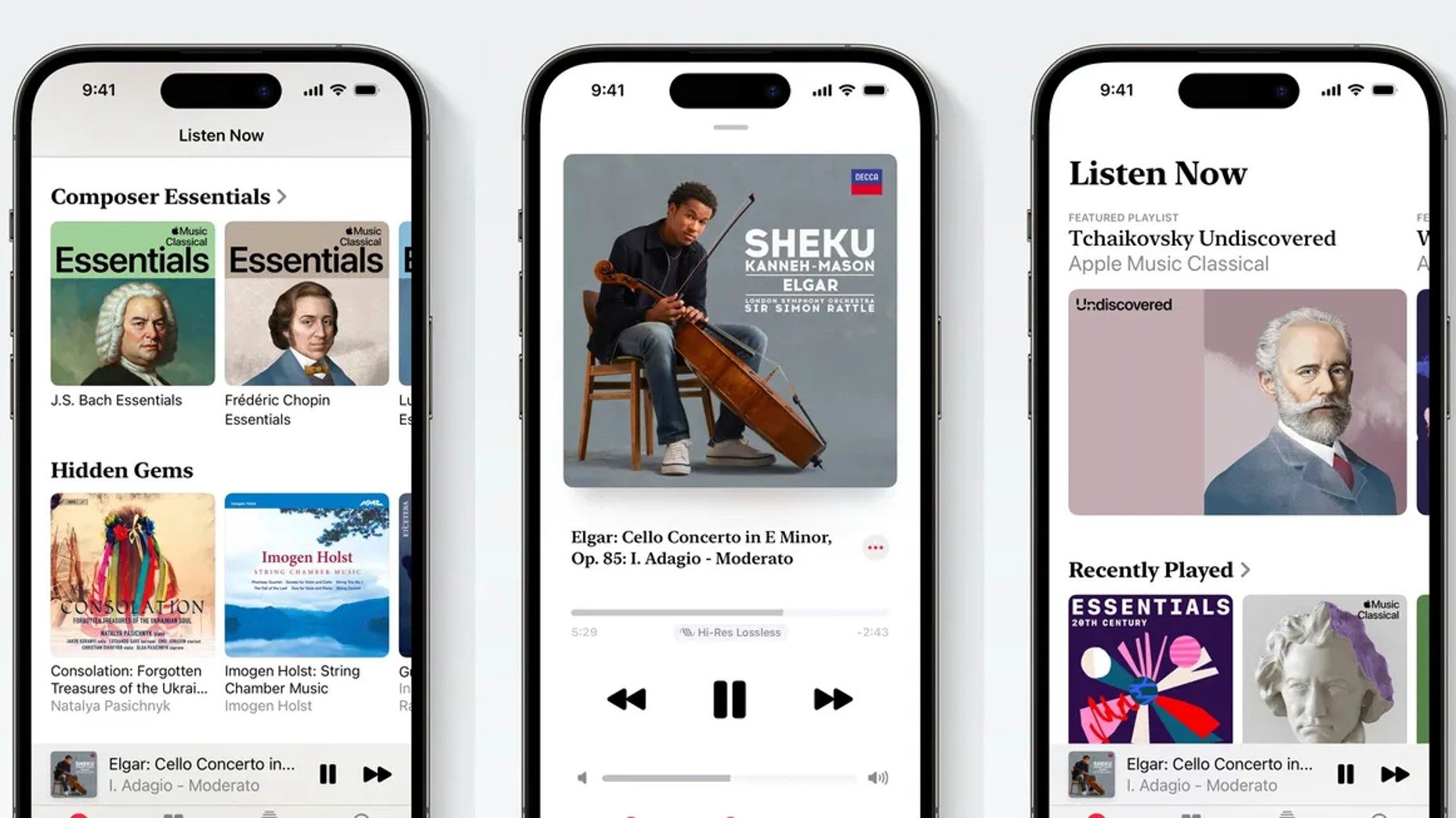 Frontalansicht von drei iPhones nebeneinander mit Menüs von Apple Music Classical.