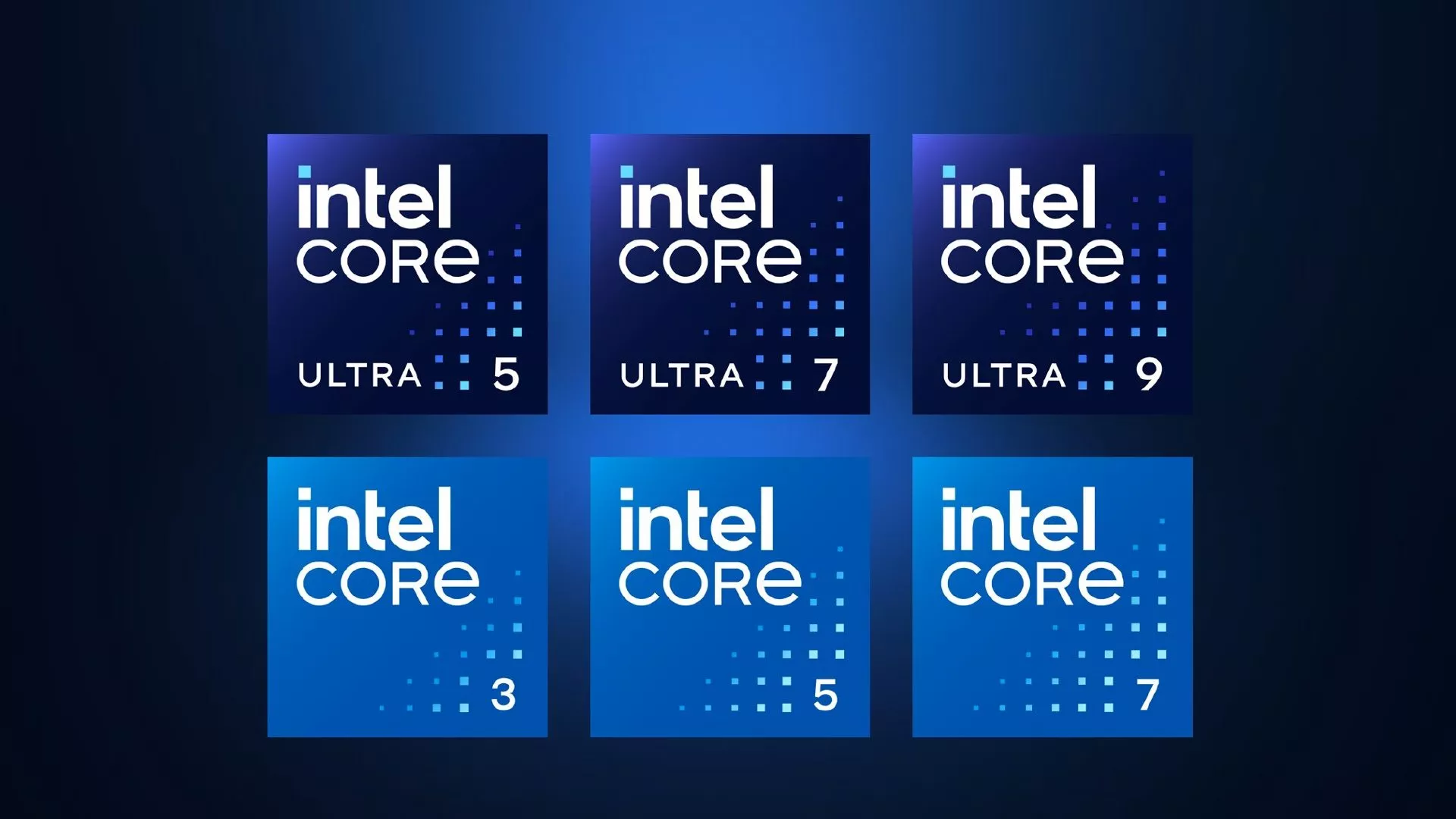 Intel Core Ultra und Intel Core Badges vor dunkelblauem Hintergrund.