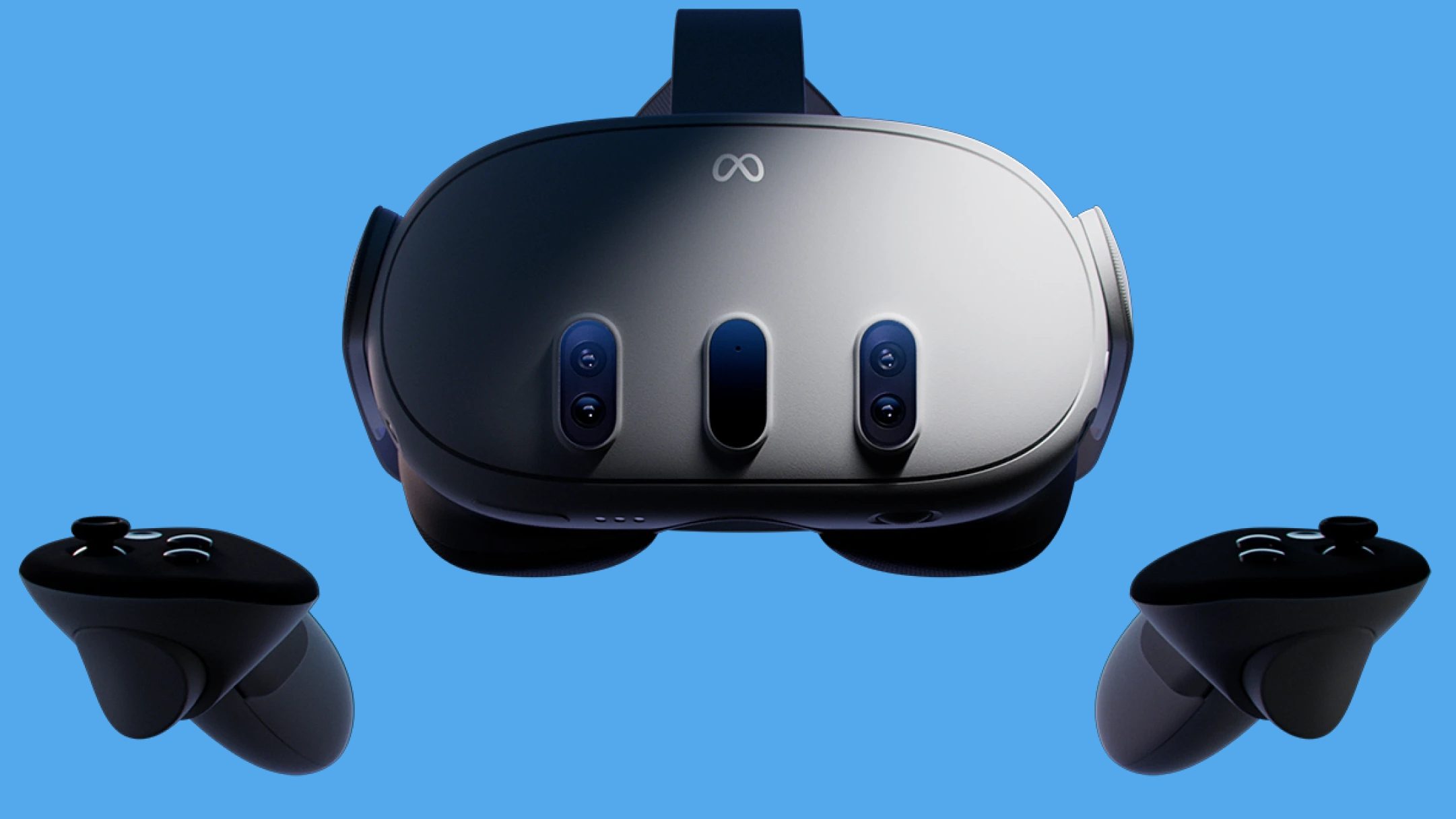 VR-Headset Meta Quest 3, daneben zwei VR-Controller.
