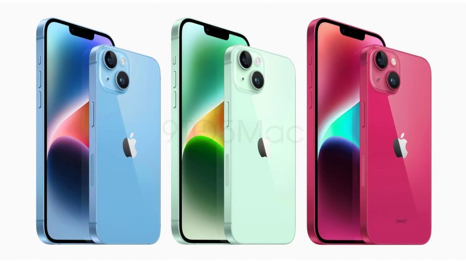 Vorder- und Rückseite des iPhone 15 in den drei Farboptionen Blau, Grün und Pink