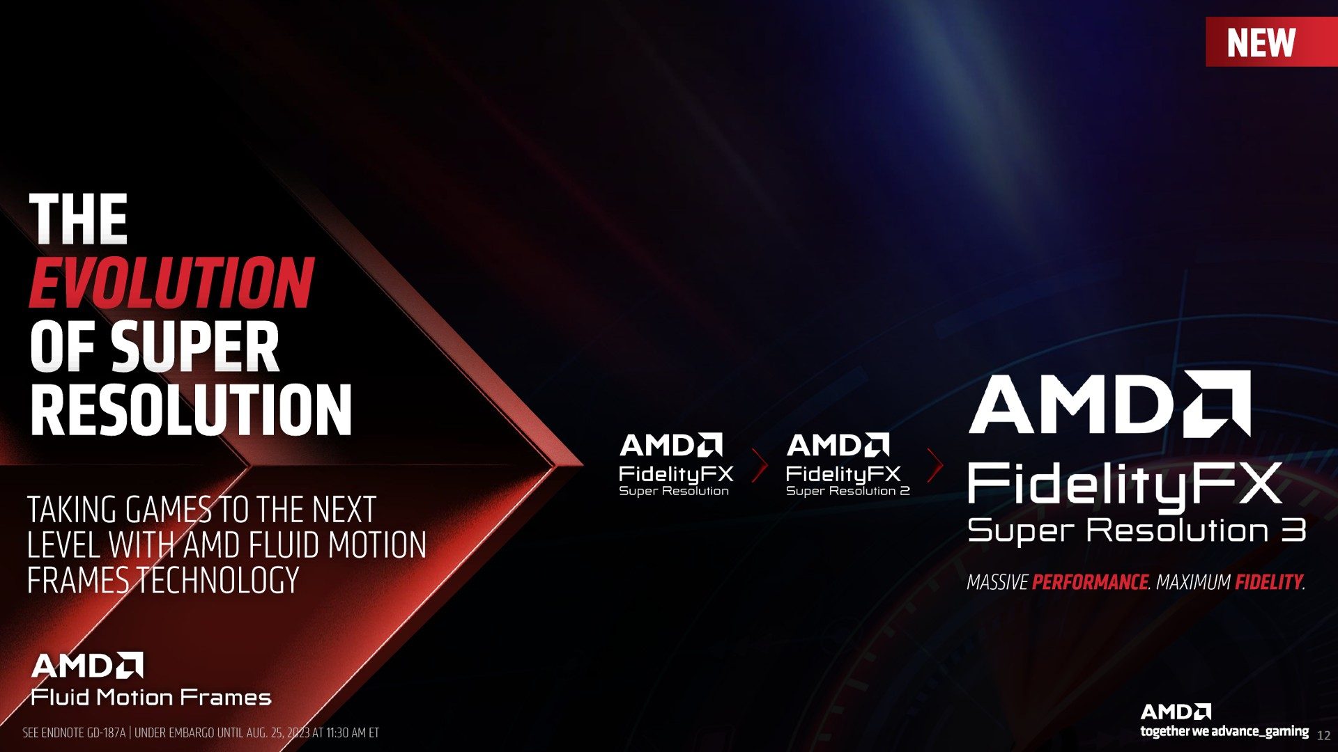 AMD-Präsentationsfolie mit den Logos von FidelityFX Super Resolution 3 und AMD Fluid Motion Frames.