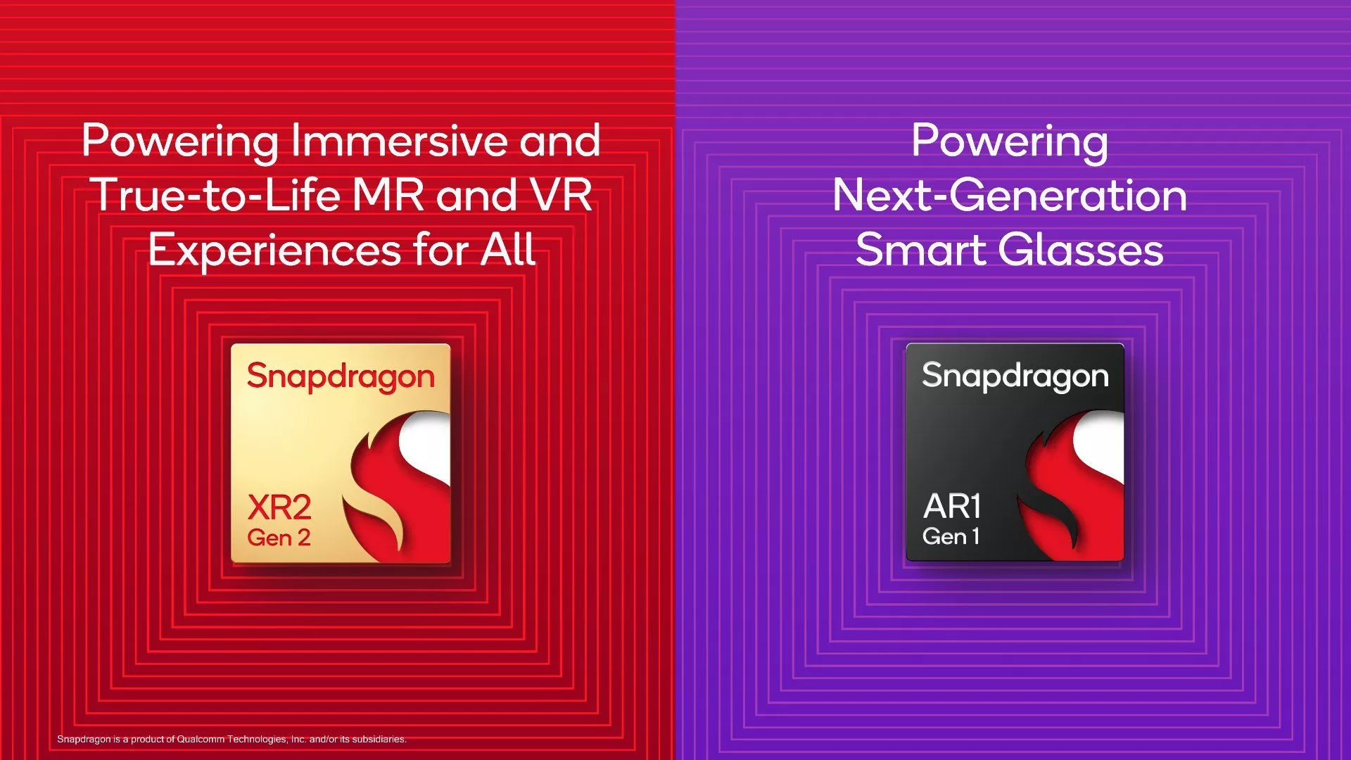 Logo des Qualcomm Snapdragon XR2 Gen 2 und AR1 Gen 1 nebeneinander.