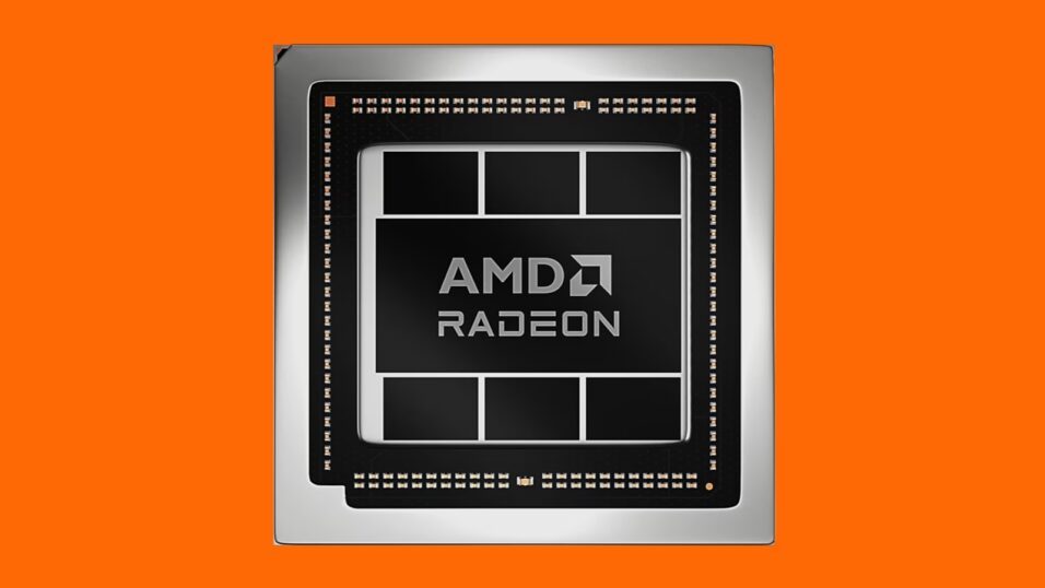 AMD Radeon RDNA 3 Mobile-Grafikchip vor orangefarbenen Hintergrund.
