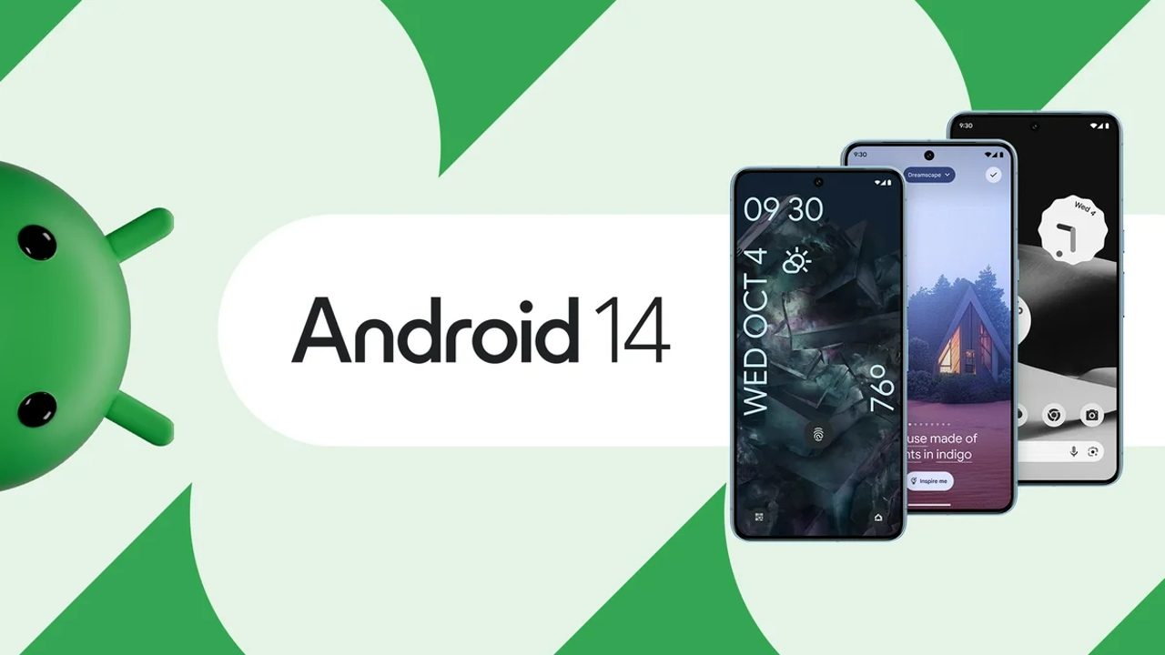 Grafik mit Android 14 in der Mitte, daneben drei Smartphones und Android-Figur.