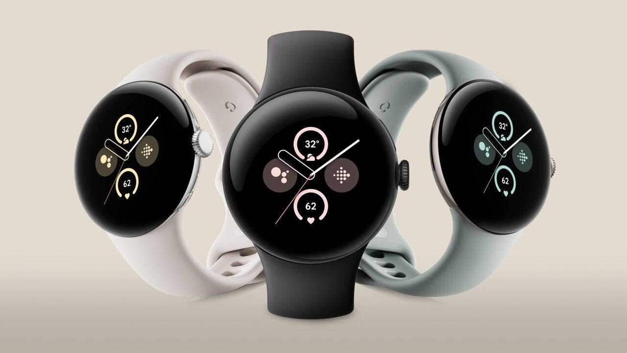 Google Pixel Watch 2 Smartwatch in drei Farben, zu sehen von Vorne mit eingeschaltetem Display.