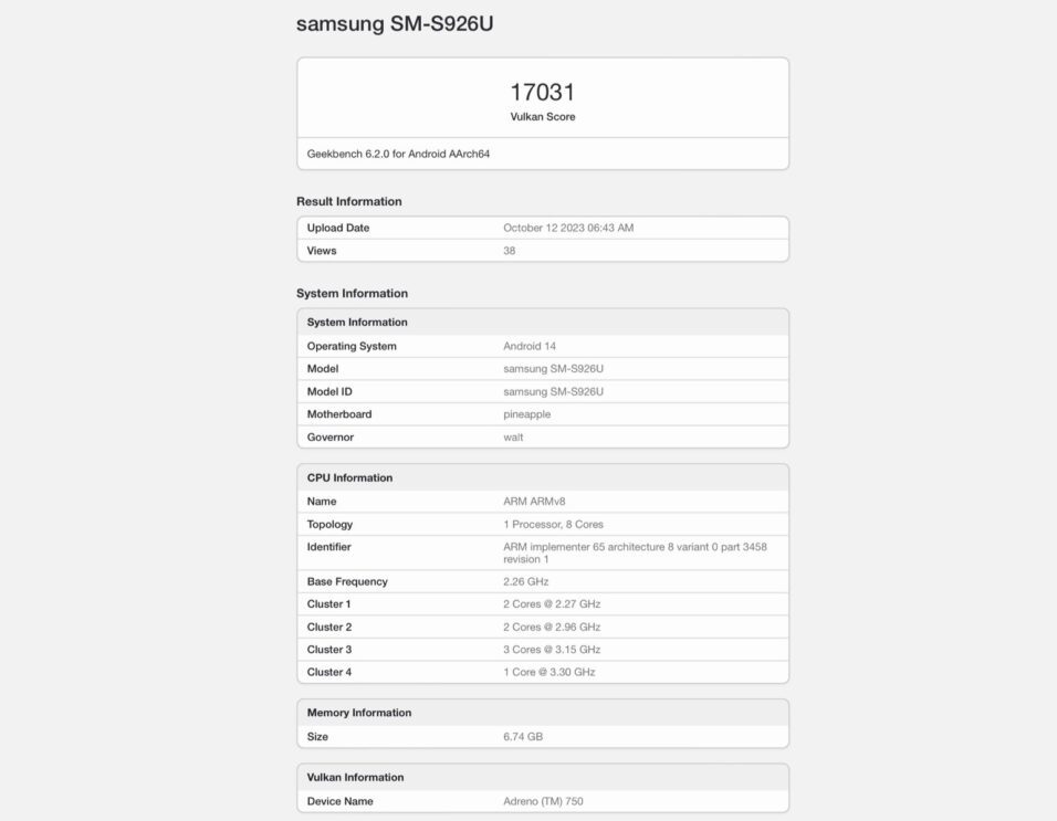 Samsung Snapdragon 8 Gen 3 Vulkan Benchmark