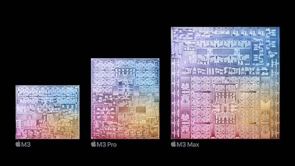 Chipaufnahmen des Apple M3, M3 Pro und M3 Max nebeneinander.