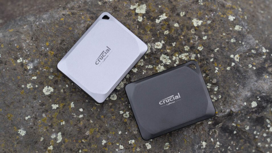 Zwei Crucial X9 Pro und Crucial X10 Pro SSDs liegen auf einem Stein.