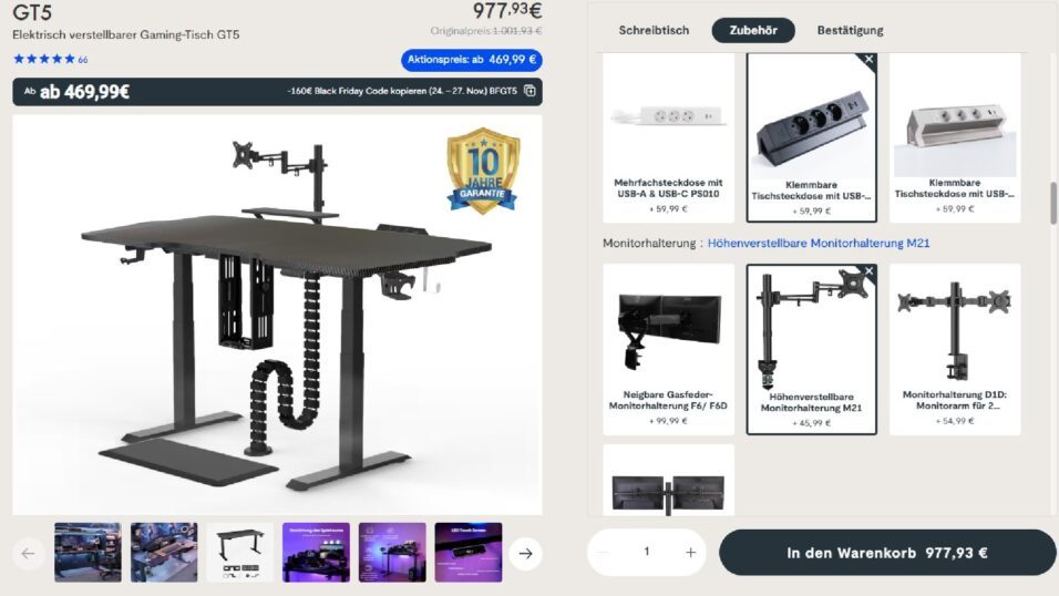 Screenshot vom Flexispot Shop mit Zubehör für Gaming-Tisch