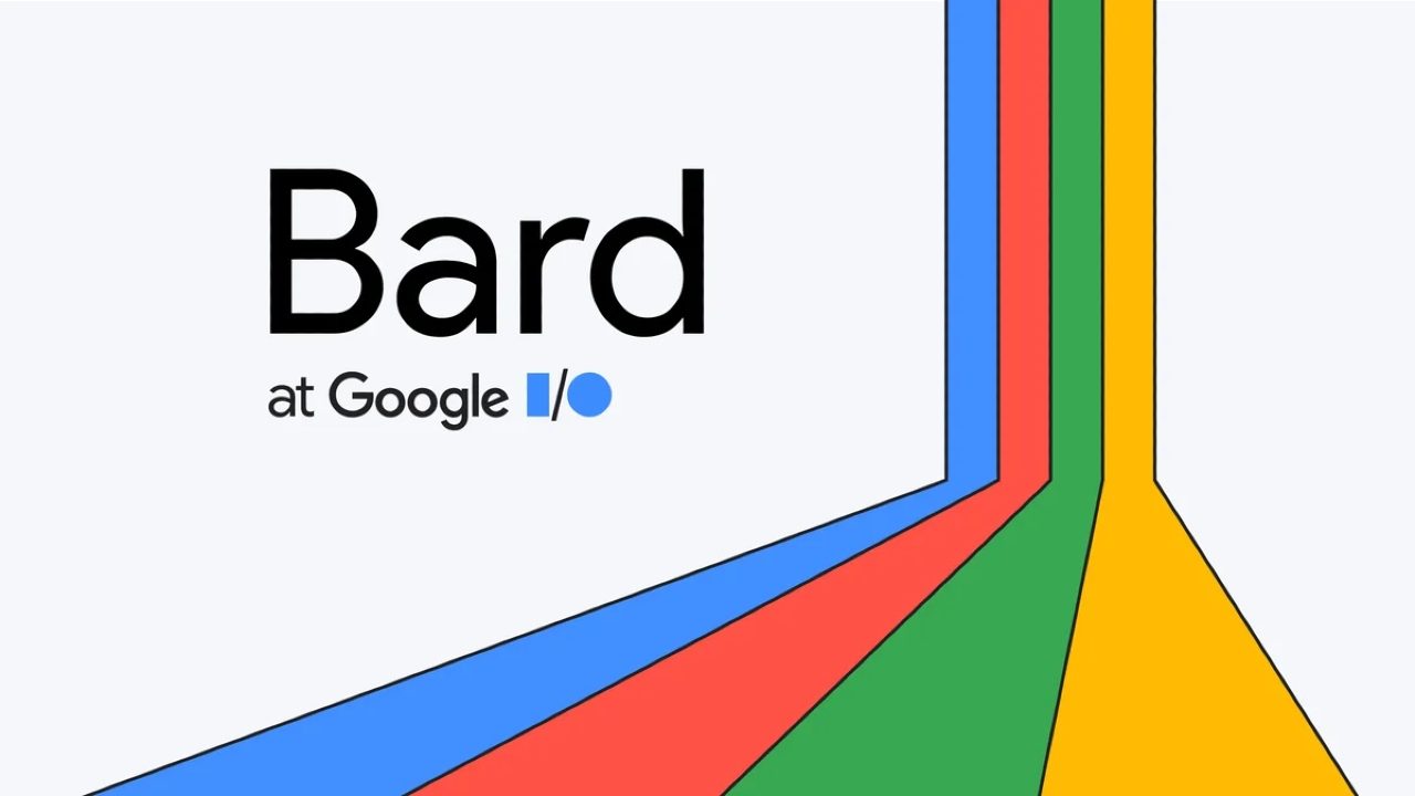 Weißer Hintergrund mit bunten Streifen. Großer Text: Bard at Google I/O.