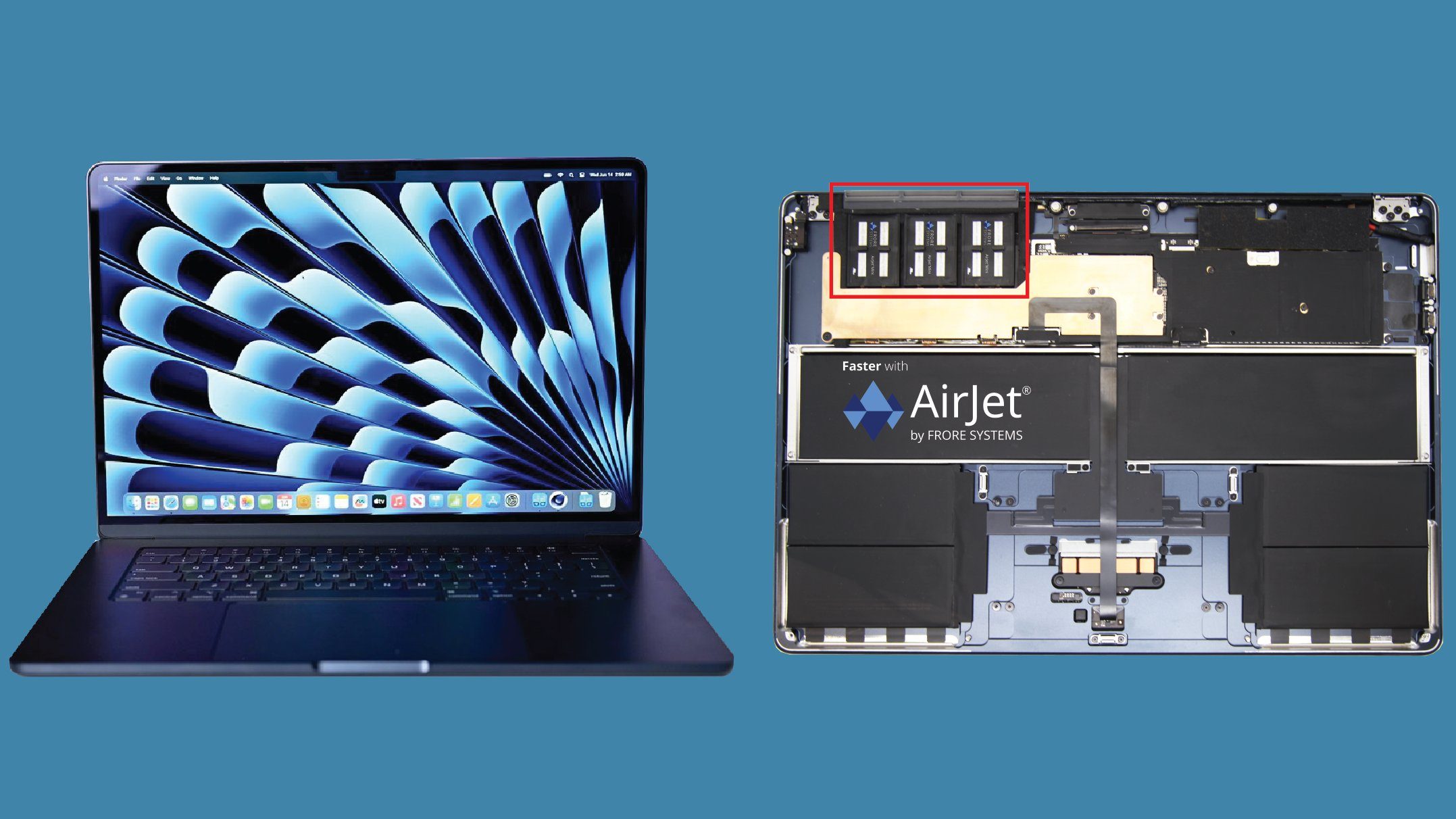 Bild zeigt MacBook Air 15 von vorn und unten mit AirJet-Kühlung modifiziert.