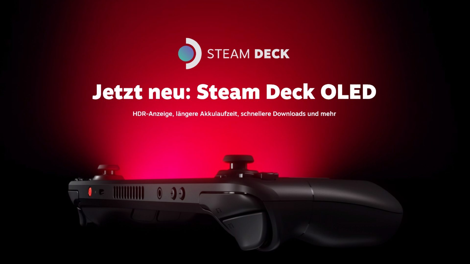 Valve Steam Deck OLED vor dunkelrotem Hintergrund.