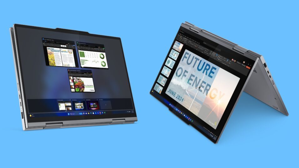 ThinkPad X1 2-in-1 Gen 9 vor blauem Hintergrund umgeklappt.