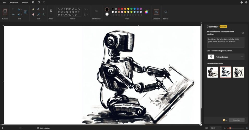 Microsoft Paint KI Cocreator Roboter zeichnet Bild