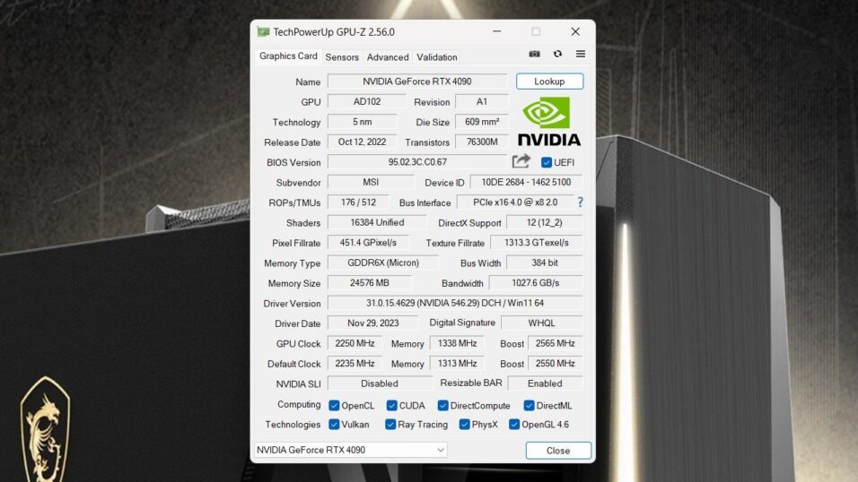 MSI GeForce RTX 4090 Ventus 24G GPUz