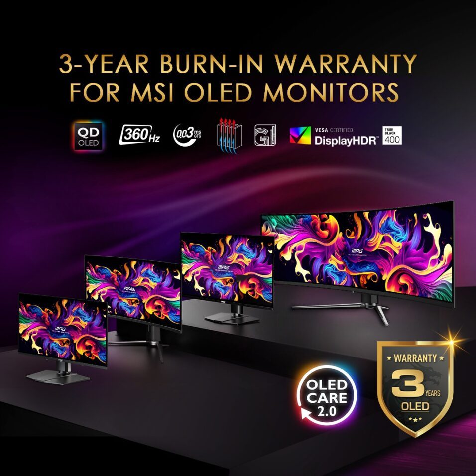 Mehrere MSI-Monitore nebeneinander, darüber Text für eine dreijährige OLED-Burn-in-Garantie.
