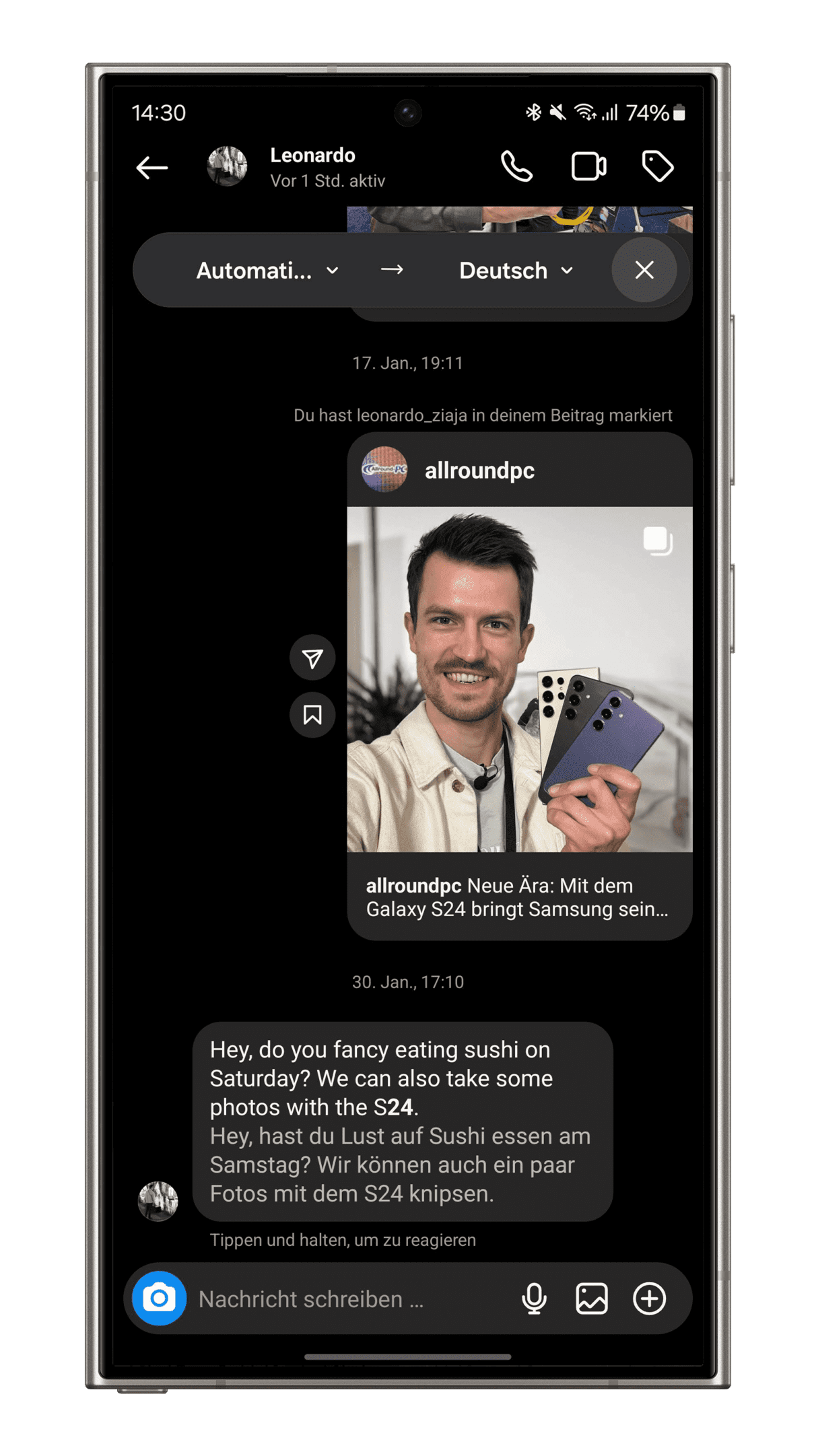 Samsung Galaxy S24 Plus Ultra Smartphone Tipps AI-Funktionen Chat Uebersetzung Sprachstile