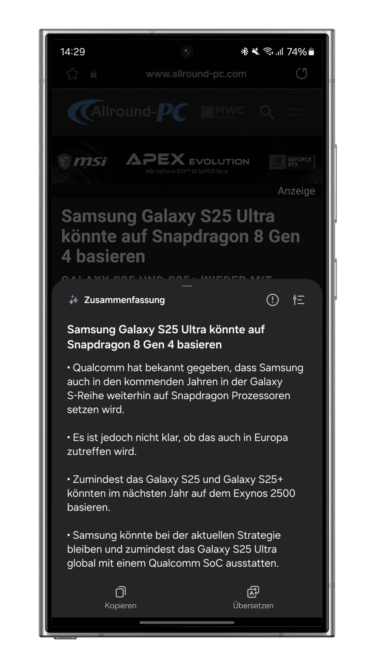 Samsung Galaxy S24 Plus Ultra Smartpone Tipps AI-Funktionen Webseite zusammenfassen