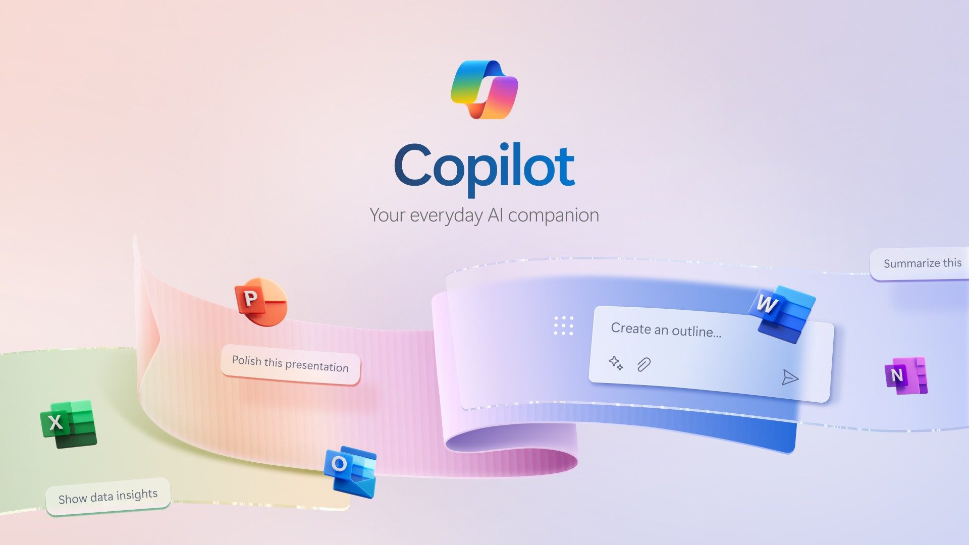 Copilot-Logo und darunter Microsoft-365-Programmlogos mit Fenstern und Text.