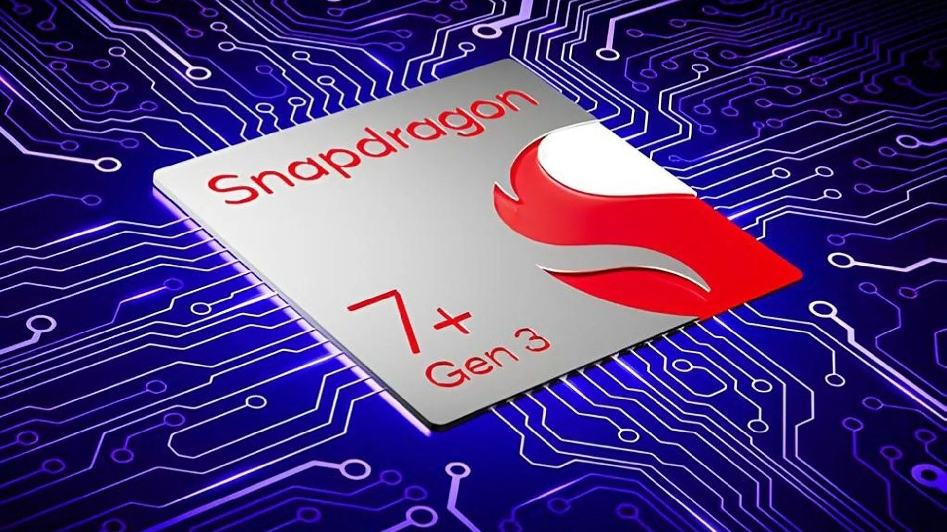 Chip mit der Aufschrift Snapdragon 7+ Gen 3 vor blauem Hintergrund mit Linien
