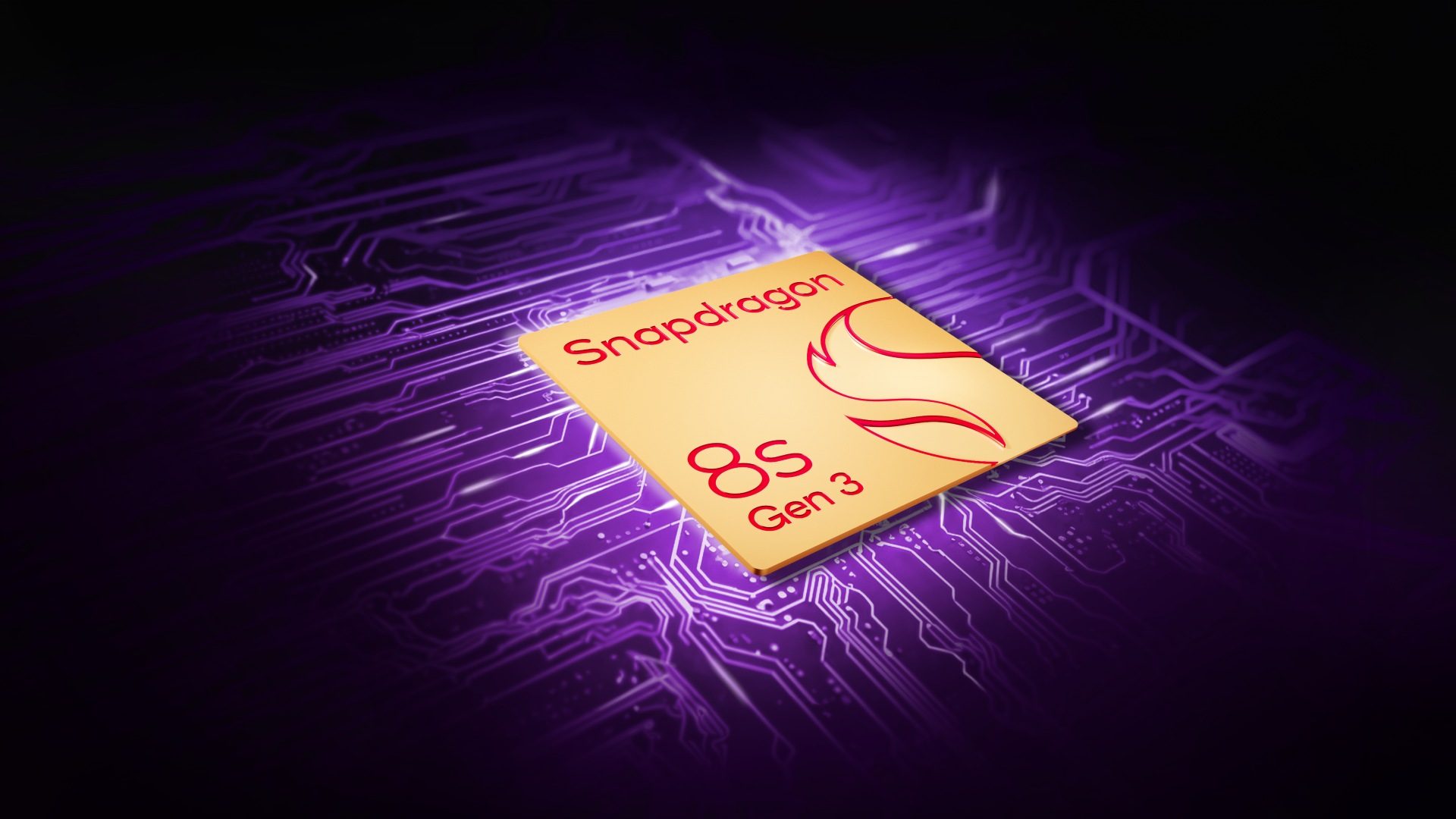 Grafik zeigt Quadrat mit Aufschrift Snapdragon 8s Gen 3 auf lilafarbenem Untergrund